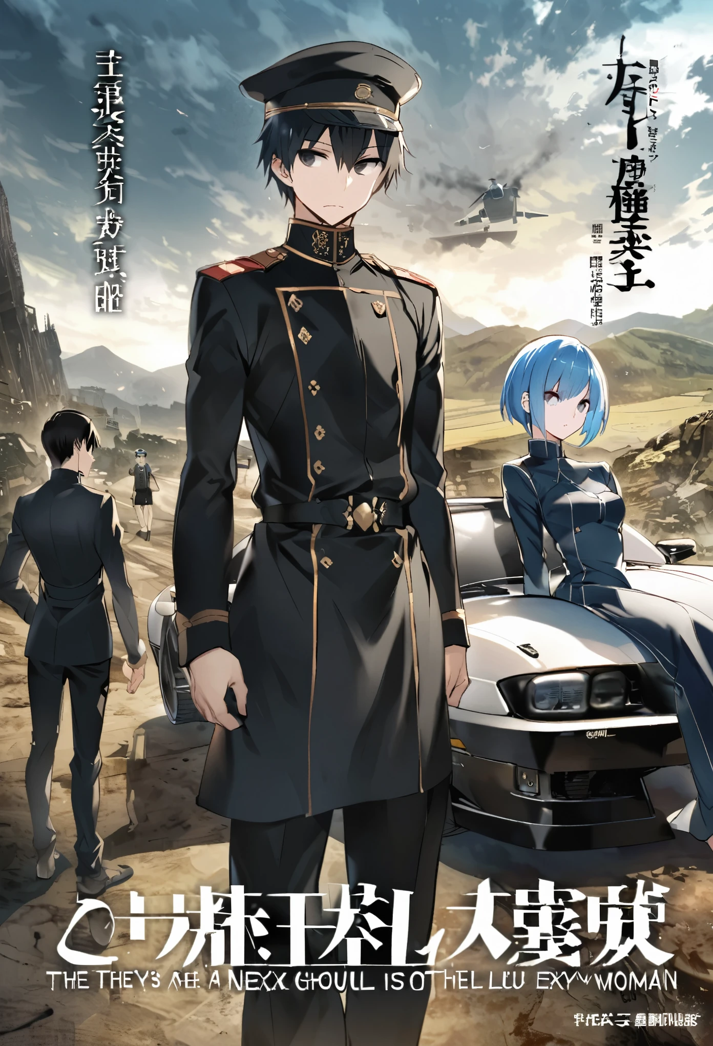 a short young man with black eyes and black hair, he wears a cap and next to him is a tall woman with very sexy blue hair, they are both dressed in military clothes. the landscape has several military cars in the background. Tokyo ghoul style light novel cover.