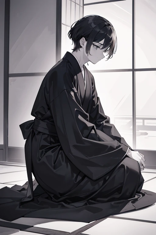 monochrome,masterpiece,illustration, best quality, best aathetic,male focus, a man standing,full body,from side,looking away:1.4,Prayer Pose,join hands,Very long sleeves that cover wrists,long Japanese monk's black robe,long Japanese monk's black robe,black obi,long black hakama,