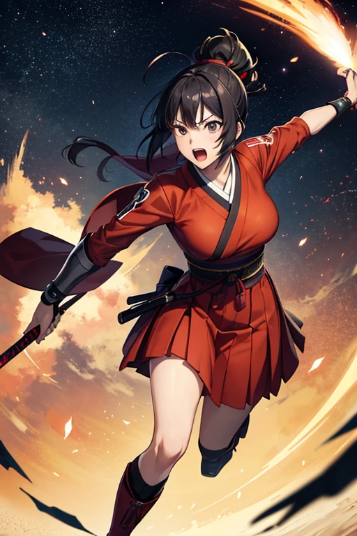 Anime Art、Full body portrait、Space SF Samurai、A woman, about 155cm tall and around 39 years old, wearing red armor and hakama, running with a spear in her hand and leaning forward、Open mouth and screaming、short ponytail black hair、Arm guard、Leggers、boots