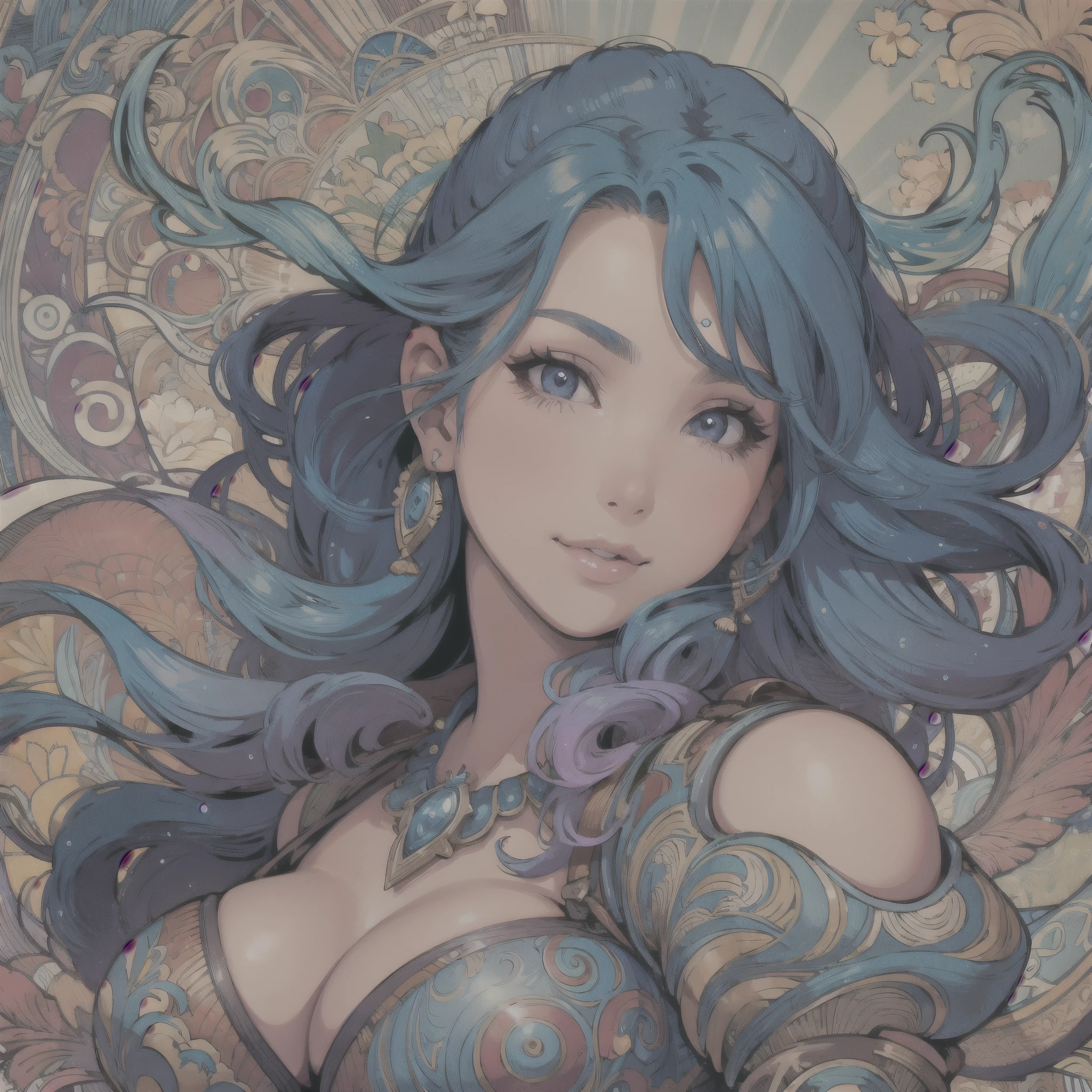 ((Detailed face)),((Mucha's style)),(vulgar),(portrait),huge breasts, Raised ,sexual excitement, The look of ecstasy,having after sex,blue hair,side ponytail,(arms behind back:1.2),((addiction to sex))((light-armed warrior)),rigid nipple,(high position:1.6)