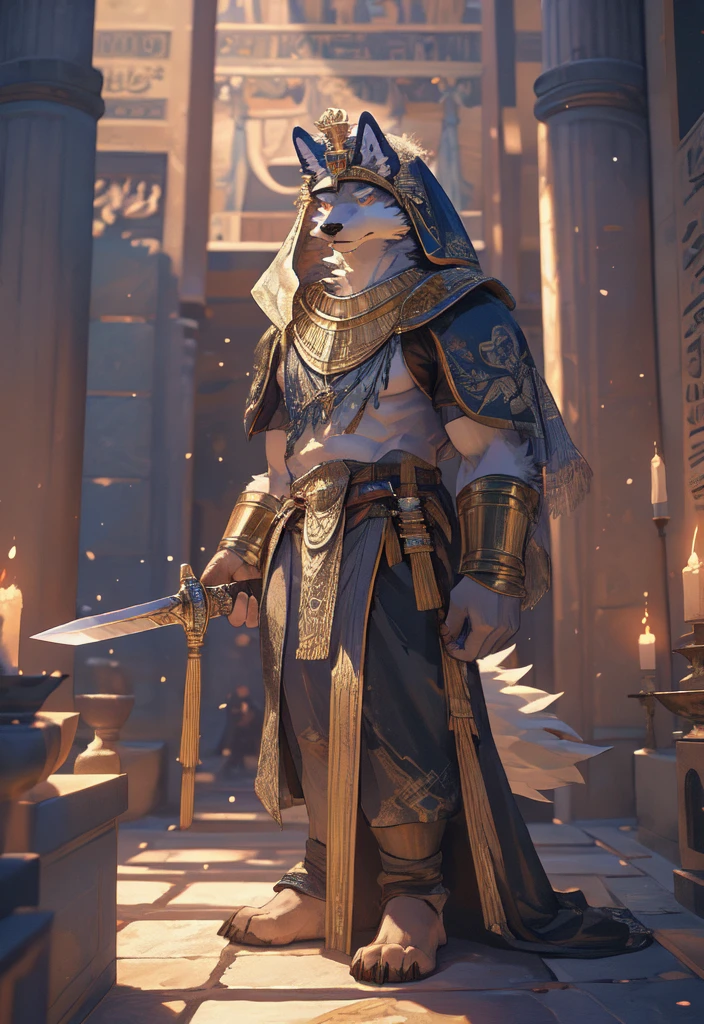 Masterpieces,official art,furry,male,Anthropomorphic white wolf,Delicate face,Delicate eyes,egyptian headdress,Kerosene lamp,sword, holding sword, depth of field, perfect lighting,(best quality),(masterpiece),(ultra detailed),sharp focus, temple, detailed background, altar