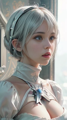 ((Hyper realistic super detailed, masterpiece:9.8, top quality:9.8, best quality:9.8, official art, beautiful and aesthetic:2.9)), safe for work, sfw,ultra high res,(photorealistic:3.5), extreme detailed,colorful,highest detailed, official art, unity 8k wallpaper, ultra detailed, 1girl, (((High-low bob hairstyle))), Detailed face:3.0, breasts, cleavage, cleavage cutout, dress cutout, ((white background)), hair between eyes, headband, high-low bob hairstyle, high resolution, juliet sleeves, long sleeves, nier (series), (nier automata, 2b), (high low bob), fluffy sleeves, red lips, short hair, solo, beautiful:2.5, masterpiece, best quality, turtleneck sweater, upper body, cinematic lighting, HDR (High Dynamic Range),Ray Tracing,NVIDIA RTX,Super-Resolution,Unreal 5,Subsurface scattering,PBR Texturing,Post-processing,Anisotropic Filtering,Depth-of-field,Maximum clarity and sharpness,Multi-layered textures,Surface shading,Accurate simulation of light-material interaction,Perfect proportions,Octane Render,Two-tone lighting,Wide aperture,Low ISO,White balance,Rule of thirds,8K RAW,