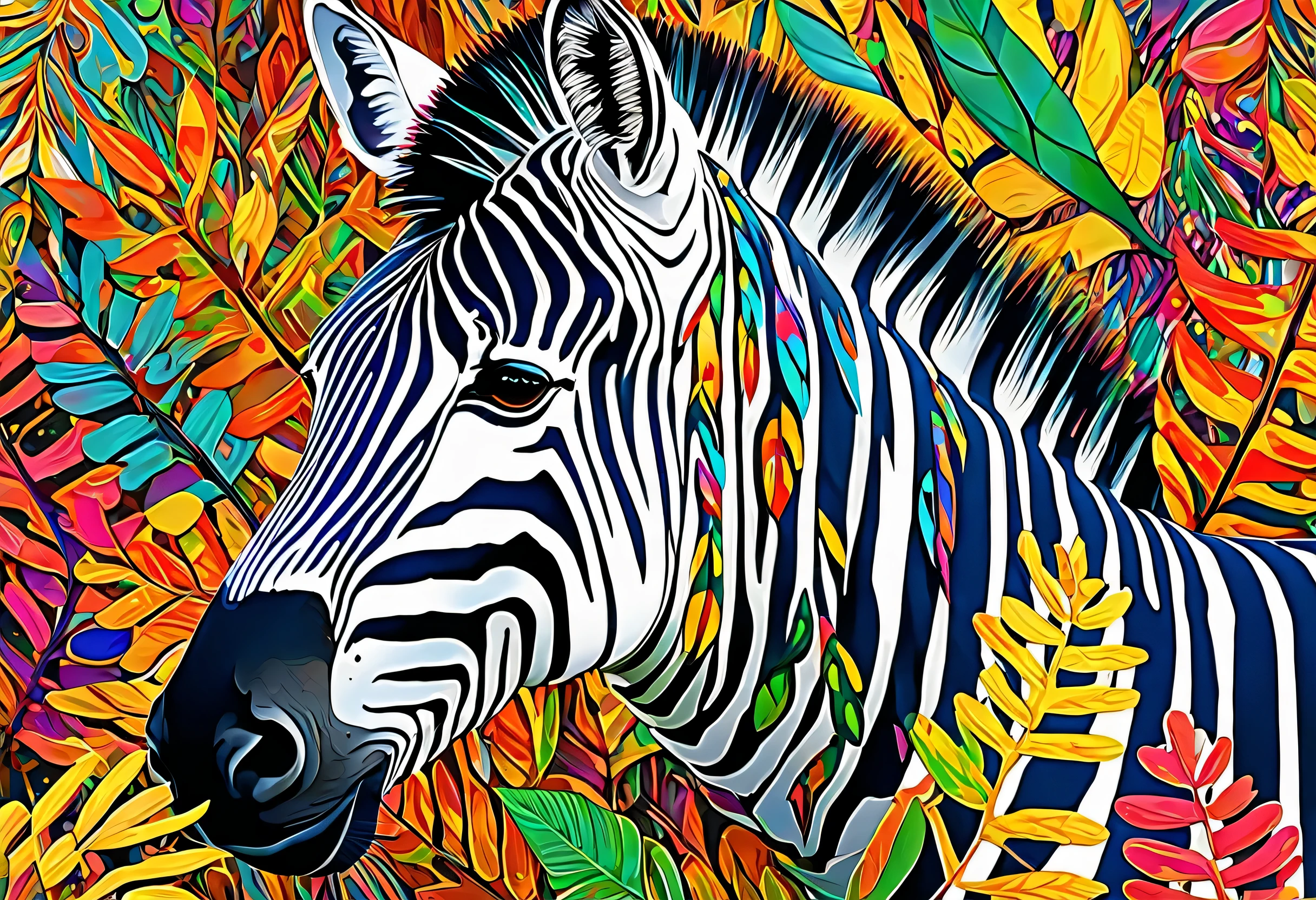 A Zebra with colorful paint on its face and leaves, vector art:Zahari Zograf, Trending on Pexels, psychedelic art, Rich in color and detail, A complex and colorful masterpiece, art:Alessandro Pautasso, very complex and colorful, colorful hd images, A colorful and intricate masterpiece, High quality HD digital art, great digital art, very colorful