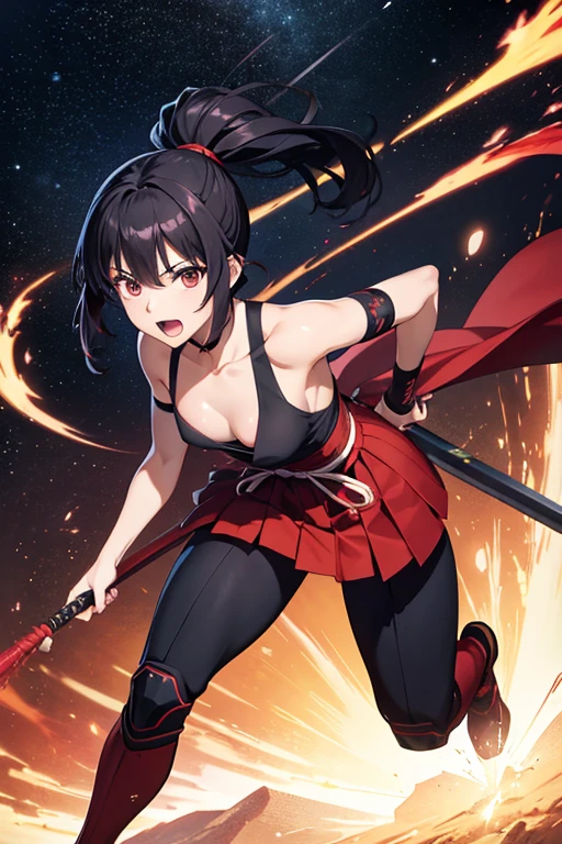 Anime Art、Full body portrait、Space SF Samurai、A woman, about 155cm tall and around 39 years old, wearing red armor and hakama, running with a spear in her hand and leaning forward、Open mouth and screaming、short ponytail black hair、Flat chest、Arm guard、Leggers、boots