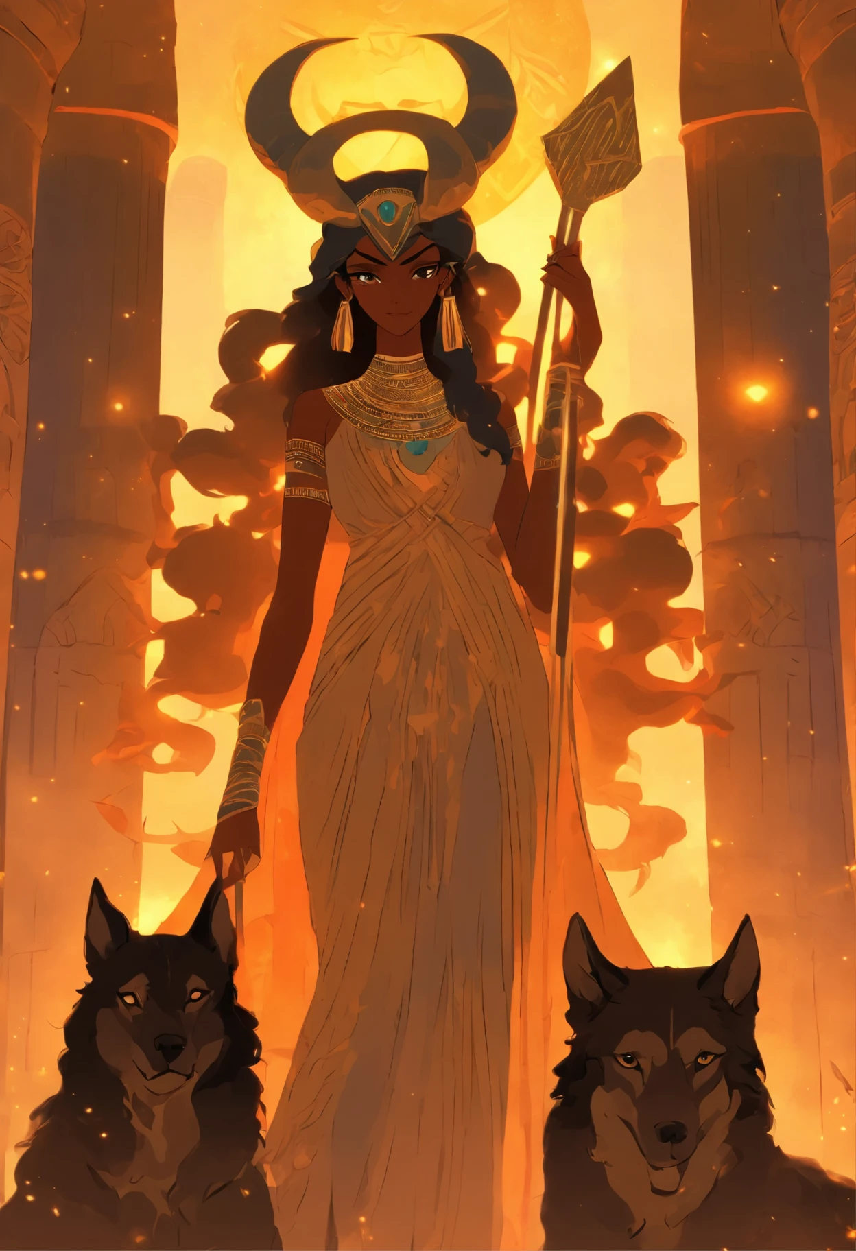 a woman with horns and a dress holding two dogs, egyptian art by Andrée Ruellan, trending on cgsociety, fantasy art, jen bartel, goddess art, cosmic goddess, ancient goddess, celestial goddess, hecate goddess, moon goddess, art contest winner on behance, mystical anubis valkyrie, lunar goddess, goddess of space and time, hecate