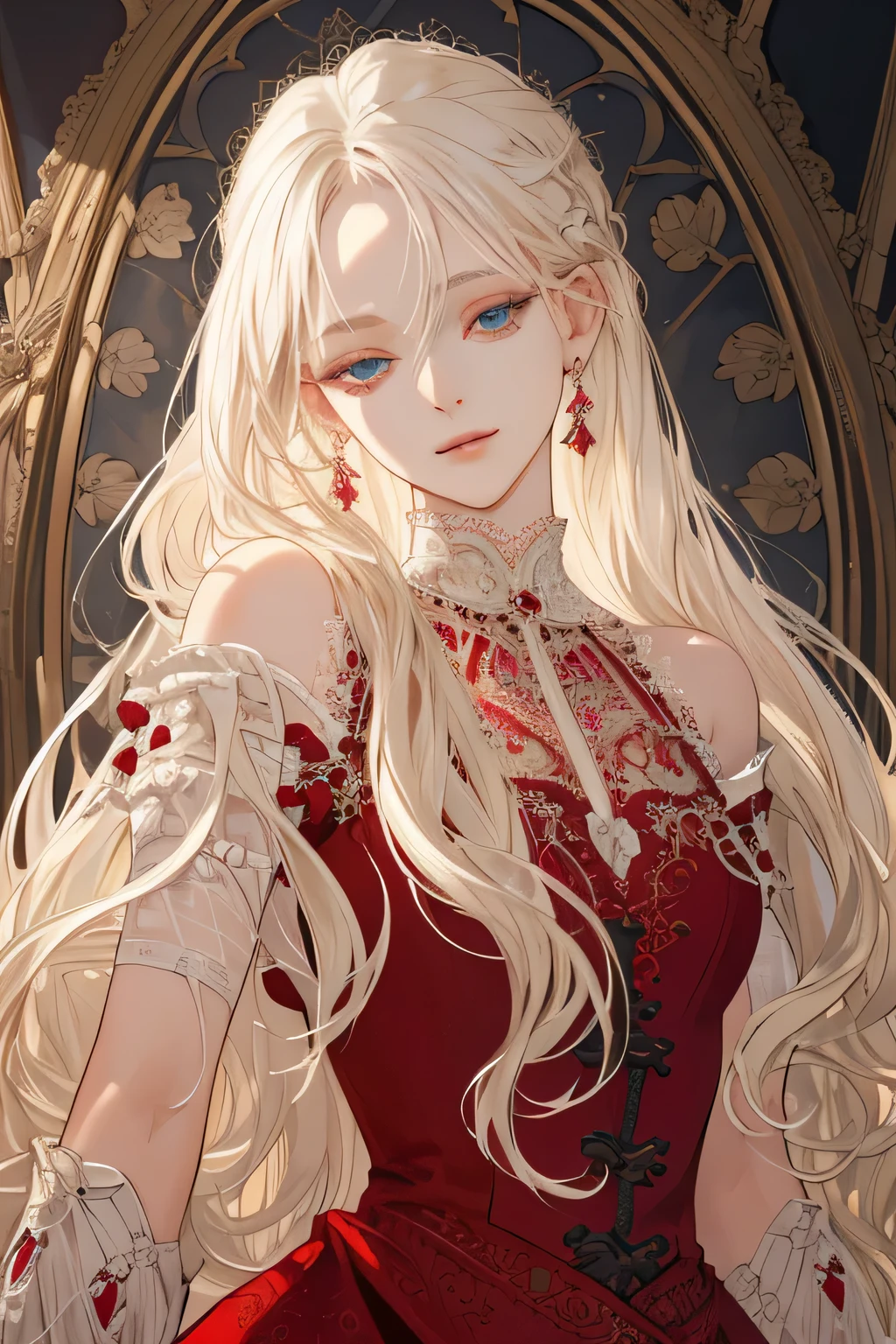 (extreamly delicate and beautiful:1.2), 8K,(masterpiece:1.0),(best_quality:1.0), 1 girl, and intricate detailing, Enlarged textures, and intricate detailing, finely eye and detailed face, and intricate detailing, shiraga, platinum blonde curls long hair, (closed mouths), Perfect eyes, Equal eyes, carolina eyes (A famale god) with red dress Yunani romawi