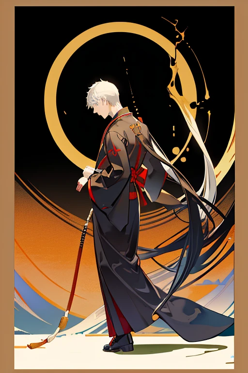 monochrome,masterpiece,illustration, best quality, best aathetic,male focus, a man standing,full body,from side,looking away:1.4,Prayer Pose,join hands,Very long sleeves that cover wrists,long Japanese monk's black robe,long Japanese monk's black robe,black obi,long black hakama,dynamic angle
,