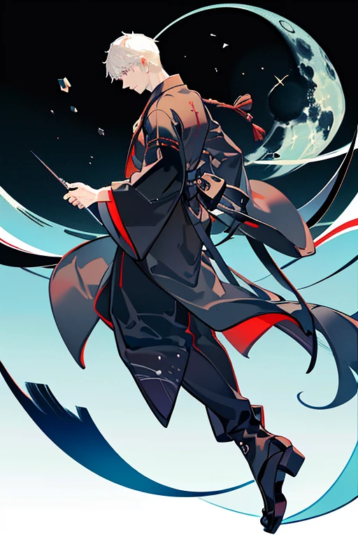 monochrome,masterpiece,illustration, best quality, best aathetic,male focus, a man standing,full body,from side,looking away:1.4,Prayer Pose,join hands,Very long sleeves that cover wrists,long Japanese monk's black robe,long Japanese monk's black robe,black obi,long black hakama,dynamic angle
,