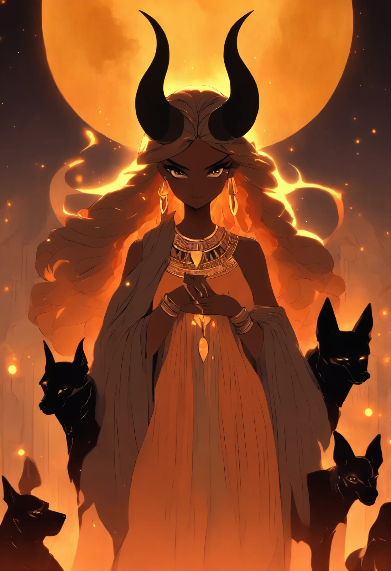 a woman with horns and a dress holding two dogs, egyptian art by Andrée Ruellan, trending on cgsociety, fantasy art, jen bartel, goddess art, cosmic goddess, ancient goddess, celestial goddess, hecate goddess, moon goddess, art contest winner on behance, mystical anubis valkyrie, lunar goddess, goddess of space and time, hecate