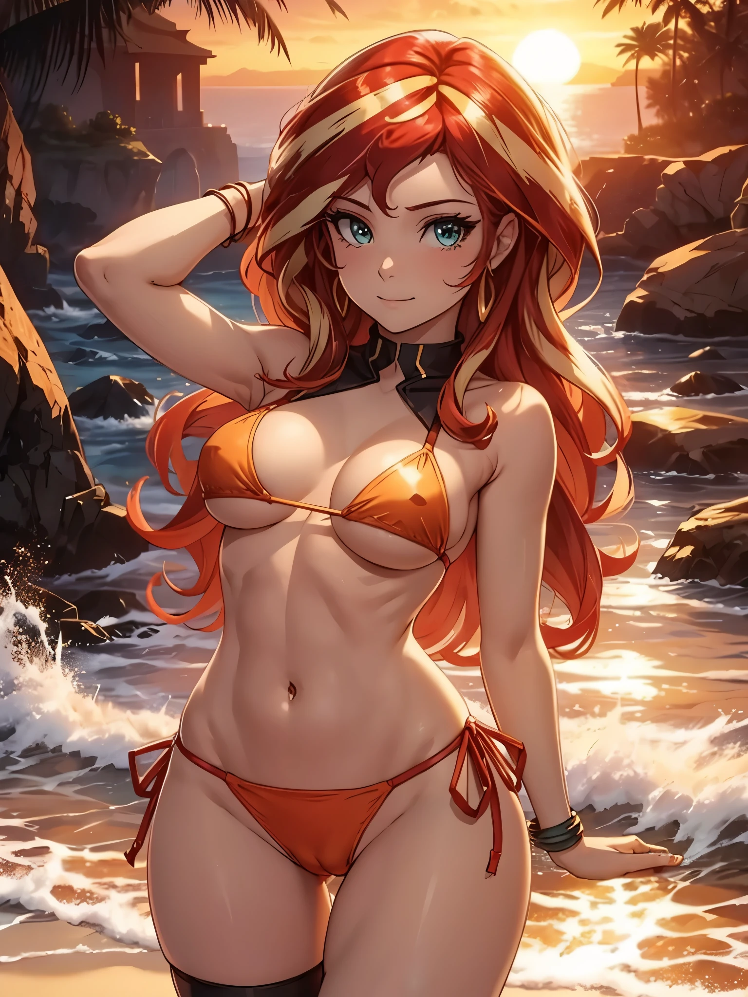 Sunset shimmer wearing a tiny bikini, underboob, cameltoe, pokies