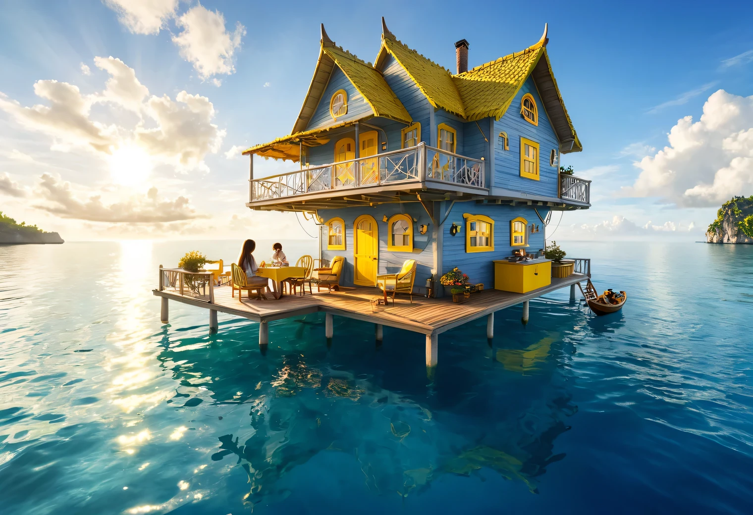 Floating House, sea floating house, , a house on a large raft floating on the sea, a large and beautiful fairy-tale house floating on the sea waves of azure water, beautiful view around, white clouds, yellow sun, on the veranda of the house a girl and a boy are sitting at a table and drinking tea, high quality, high resolution, the work of a master, masterpiece, clear, 32k, cartoon style, pixar