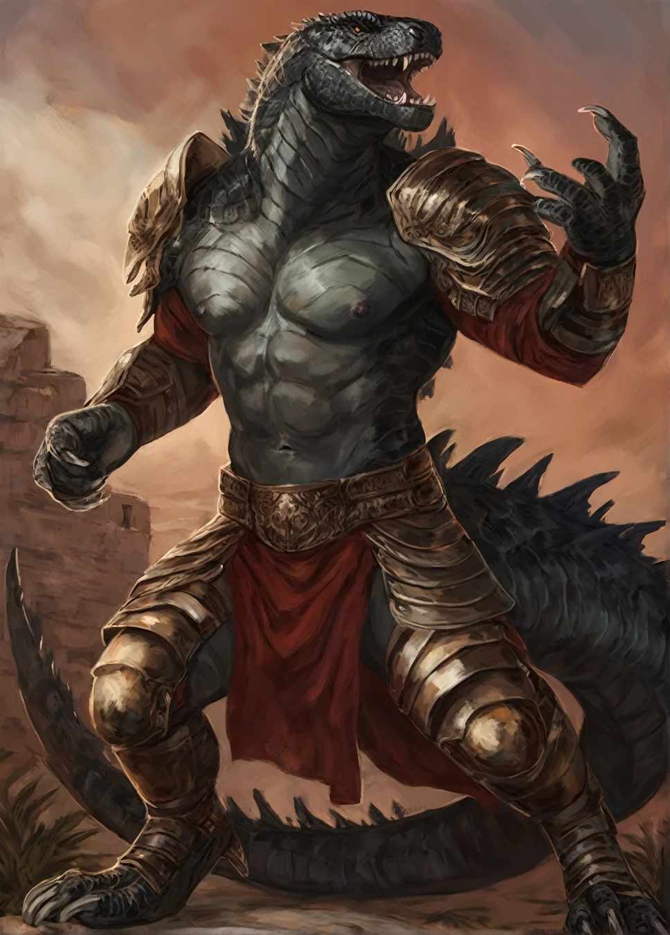 Godzilla warrior,comic book style, illustration, solo, abs, ferocious, male, [[badass pose]], nipples, masterpiece, best art, full body, plantigrade, by oouna, armor, detailed eyes, detailed scales, claws, detailed tail, masculine body shape, roman, tall, topless, muscular