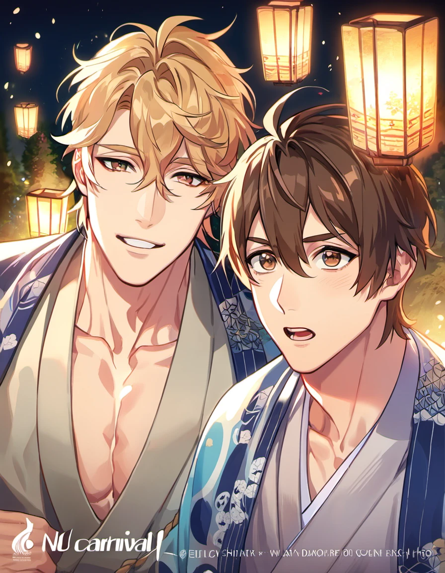 absurdres, highres, ultra detailed, HDR, master piece, best quality, perfect face, beautiful eyes, delicate features, Quincy, blond messy hair, expressive amber eyes, Nu Carnival, Eiden, brown hair, expressive brown eyes, two men together, gay couple, handsome, kimono, haori, patterns, forest, moon, fireflies, shining lights, floating lanterns in the sky