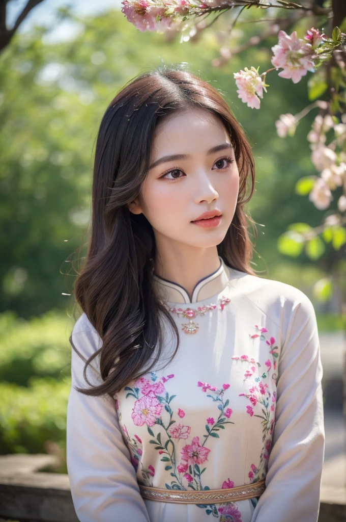 (best quality,4k,8k,highres,masterpiece:1.2),ultra-detailed,realistic,close-up portrait,Asian girl, Vietnamese Ao Dai,delicate embroidery,beautiful detailed hair,lively colors,graceful pose,elegant atmosphere,vibrant flowers,soft sunlight,nostalgic vibes,sunlit cobblestones, ancient street,ancient architecture.