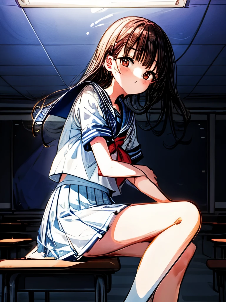 Create an image of a sitting girl, sailor suit, classroom, The image should capture the essence of summer, The girl should be in a typical summer pose, with a high-contrast effect and a subtle glow. The upper part of the screen should have a darker tone, gradually transitioning into a brighter tone towards the bottom.