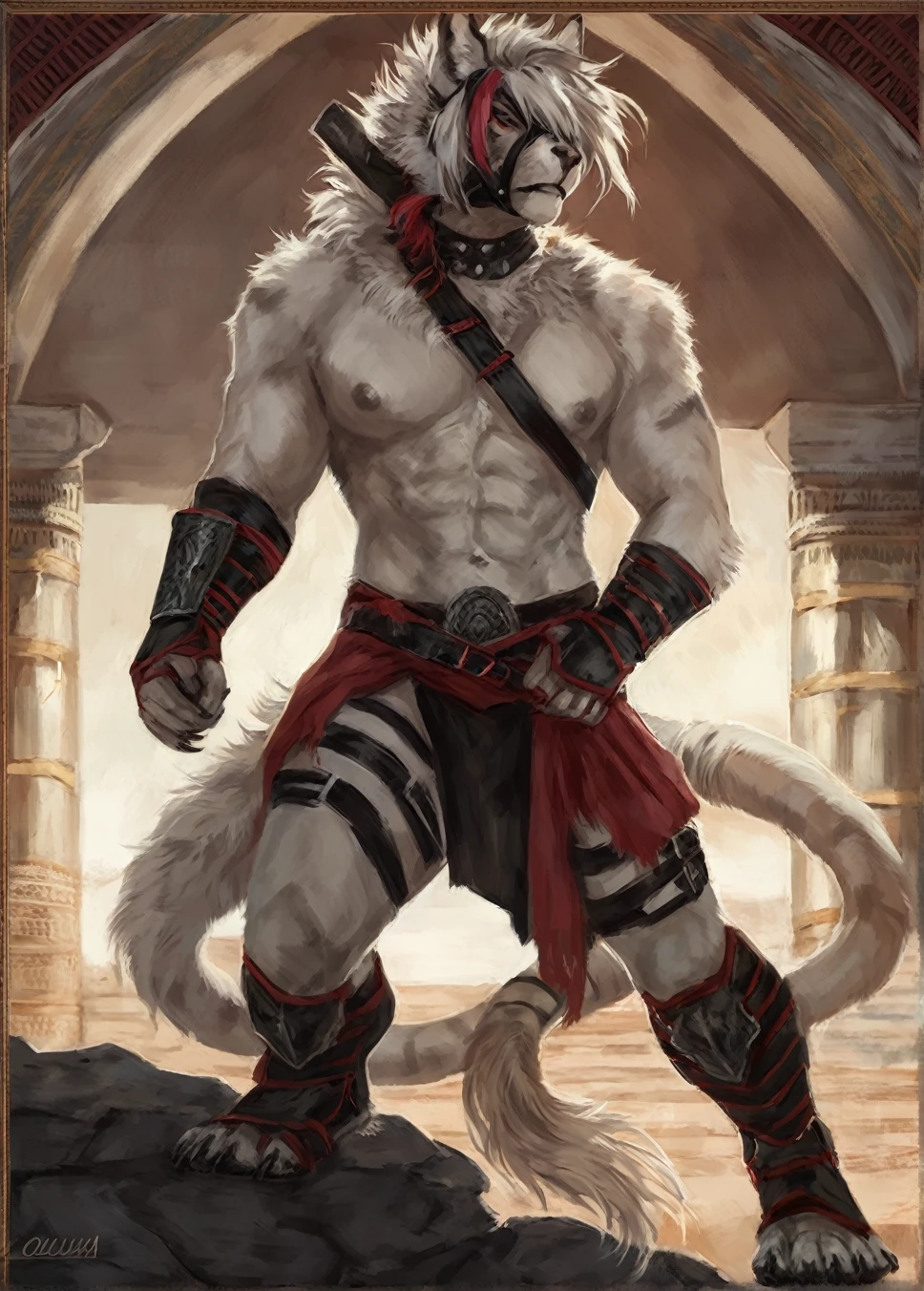 Von lycaon warrior,comic book style, illustration, solo, abs, ferocious, male, [[badass pose]], nipples, masterpiece, best art, full body, plantigrade, by oouna, armor, detailed eyes, detailed fur, claws, detailed tail, masculine body shape, roman, tall, topless, muscular