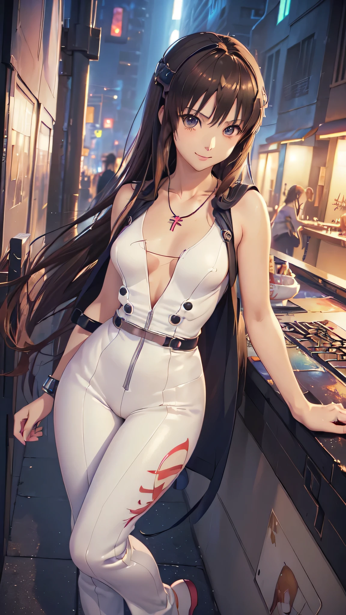 ((Final Fantasy (Yuna), (young girl, 16 years old, full body, naked body, dark hair, light skin, scarlet lips, smile; black, expressive playful eyes, long eyelashes)). ((Anime girl with brown hair hair and white dress with necklace, beautiful character painting, soft anime computer graphics, realistic anime art, beautiful anime woman, Cyberpunk, futurism, tight jumpsuit, anime girl rendering, Makoto Shinkai and Artgerm, realistic 3D anime style, anime realism style, digital art in anime style, beautiful anime girl)), (style, very beautiful young girl)). ((High quality, masterpiece)).very sexy, 75 % nsfw, 60% nude