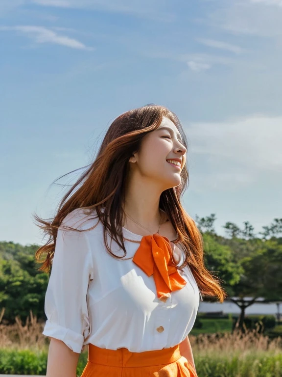 Japanese Beautiful woman smile Beauty Large Breasts Gazing into the distance Full body photography Beautiful face Standing looking up at the sky Long Hair Orange ruffle skirt White blouse