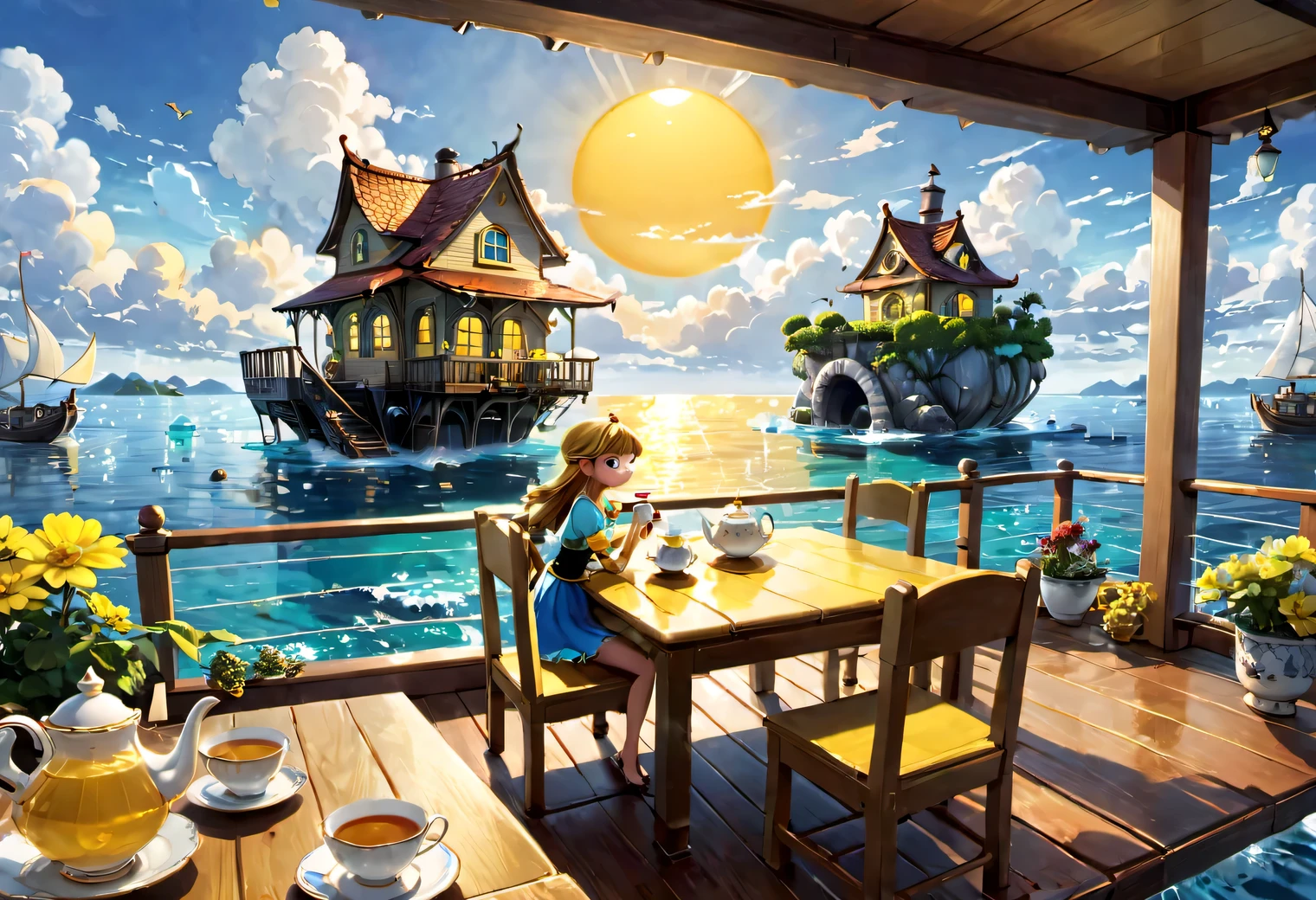 Floating House, sea floating house, , a house on a large raft floating on the sea, a large and beautiful fairy-tale house floating on the sea waves of azure water, beautiful view around, white clouds, yellow sun, on the veranda of the house a girl and a boy are sitting at a table and drinking tea, high quality, high resolution, the work of a master, masterpiece, clear, 32k, cartoon style, pixar