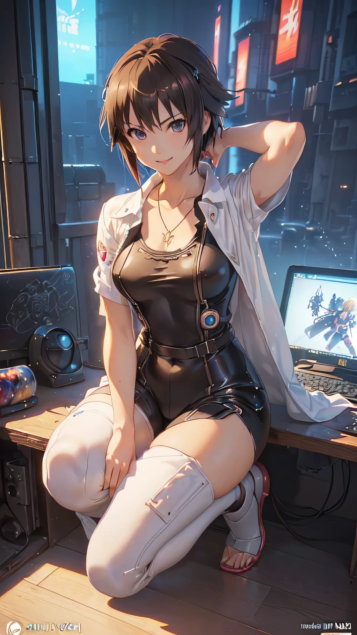 ((Final Fantasy (Yuna), (young girl, 16 years old, full body, naked body, dark hair, light skin, scarlet lips, smile; black, expressive playful eyes, long eyelashes)). ((Anime girl with brown hair hair and white dress with necklace, beautiful character painting, soft anime computer graphics, realistic anime art, beautiful anime woman, Cyberpunk, futurism, tight jumpsuit, anime girl rendering, Makoto Shinkai and Artgerm, realistic 3D anime style, anime realism style, digital art in anime style, beautiful anime girl)), (style, very beautiful young girl)). ((High quality, masterpiece)).very sexy, 75 % nsfw, 60% nude