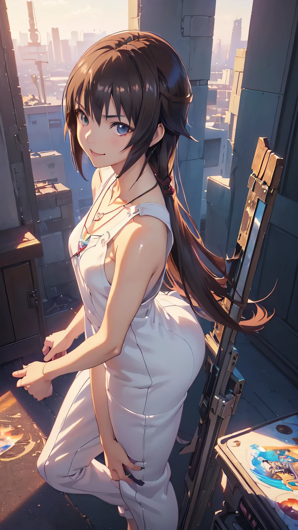 ((Final Fantasy (Yuna), (young girl, , full body, naked body, dark hair, light skin, scarlet lips, smile; black, expressive playful eyes, long eyelashes)). ((Anime girl with brown hair hair and white dress with necklace, beautiful character painting, soft anime computer graphics, realistic anime art, beautiful anime woman, Cyberpunk, futurism, tight jumpsuit, anime girl rendering, Makoto Shinkai and Artgerm, realistic 3D anime style, anime realism style, digital art in anime style, beautiful anime girl)), (style, very beautiful young girl)). ((High quality, masterpiece)).very sexy, 75 % nsfw, 60% nude