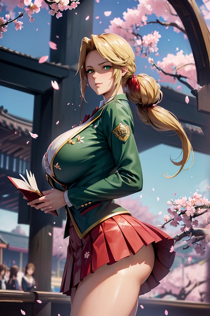 8K(A sloppy smile)((woman,Huge , (Huge breasts:1.5),とても唇が赤いHuge breastsを強調,Big Ass,Narrow waist,Long legs,Green Eyes立っている)) 8k((((Anime Style),(The facial expression is good:1.1))))8k(((((Anime Style)Green Eyes)))) 8k((Standing at the station))8k((Waiting for a train at the station))8k((Morning))8k((Beauty))((学生blazer15歳学生服 緑のネクタイ, blazer, Pleated skirt))8k(((((spring,cherry blossoms,The wind is blowing,Her skirt is flipped up,cherry blossomsが散っている:1.1)))))8K(((((handing over a love letter)))))