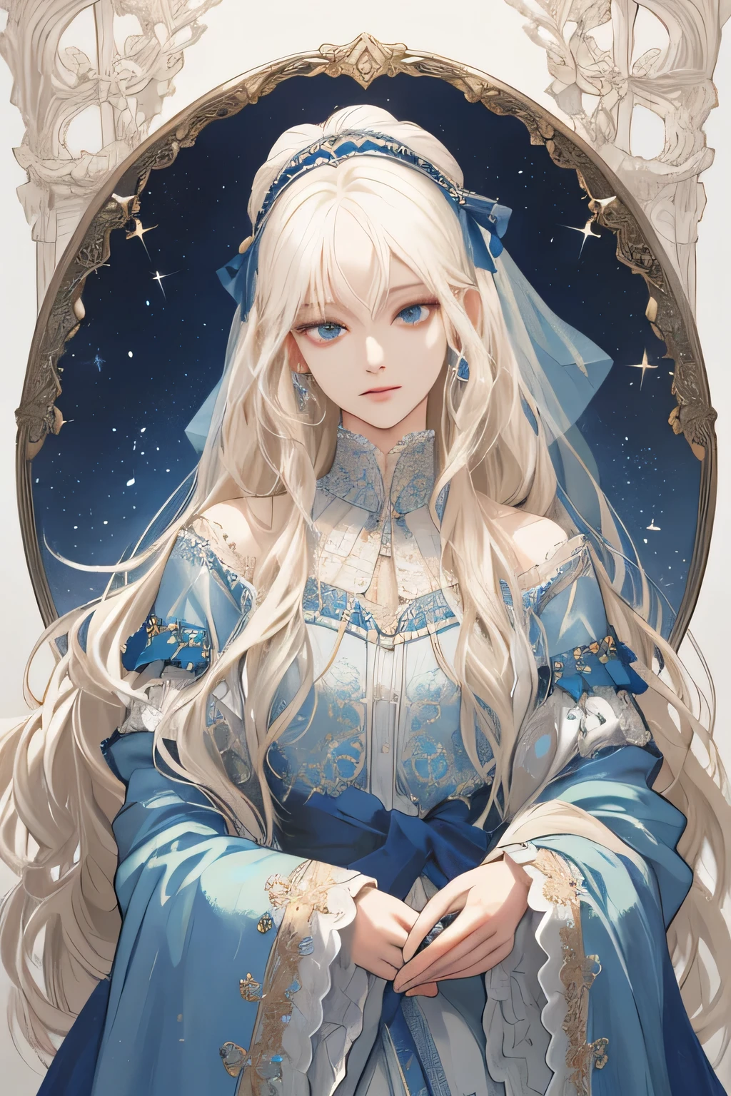 (extreamly delicate and beautiful:1.2), 8K,(masterpiece:1.0),(best_quality:1.0), 1 girl, and intricate detailing, Enlarged textures, and intricate detailing, finely eye and detailed face, and intricate detailing, shiraga, platinum blonde curls long hair, (closed mouths), Perfect eyes, Equal eyes, carolina eyes (A famale god) with white blue dress saintess Yunani romawi