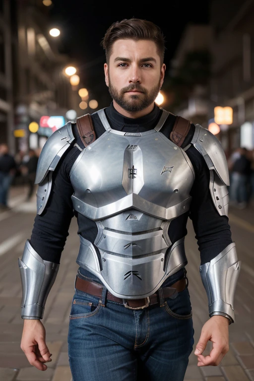 hombre barbudo y musculoso  ((bokeh claro)), intrincado, (metal de acero [oxide]), elegant, Sharp focus, foto de greg rutkowski, Soft lighting, Colores vibrantes, Obra maestra, ((calles)), cuerpo completo, jeans