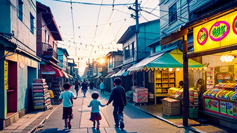 Candy shop、Sunset on 3rd Street、Children playing with a spinning top、Parents and children playing with kites、Children playing with menko、Children shopping at a candy store、Old Japanese tiled house、Scene of children playing、A crowd of children playing in front of a candy store