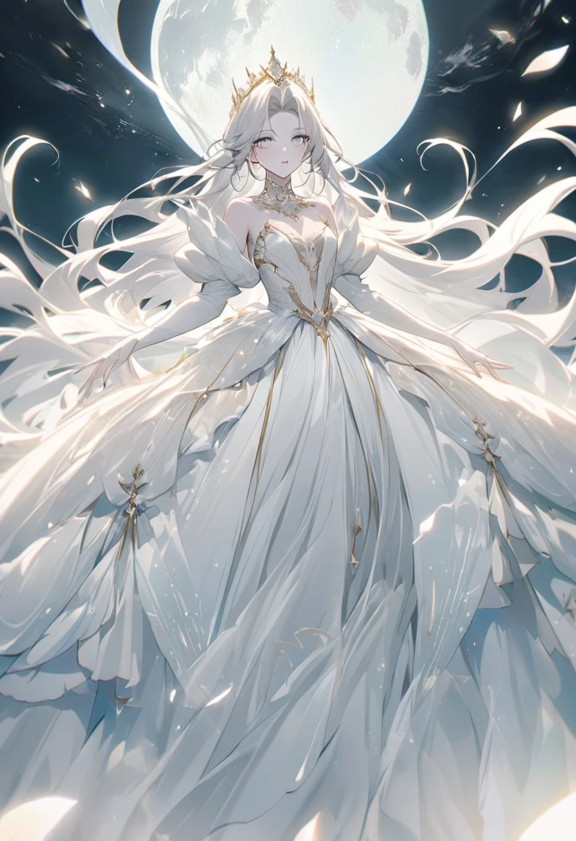 woman, pale skin, white pearlescent long hair, irisdecent blueish white eyes, 6'5 feet tall, giant white pearlescent princess dress gown, ethereal beauty that matches with the full moon.