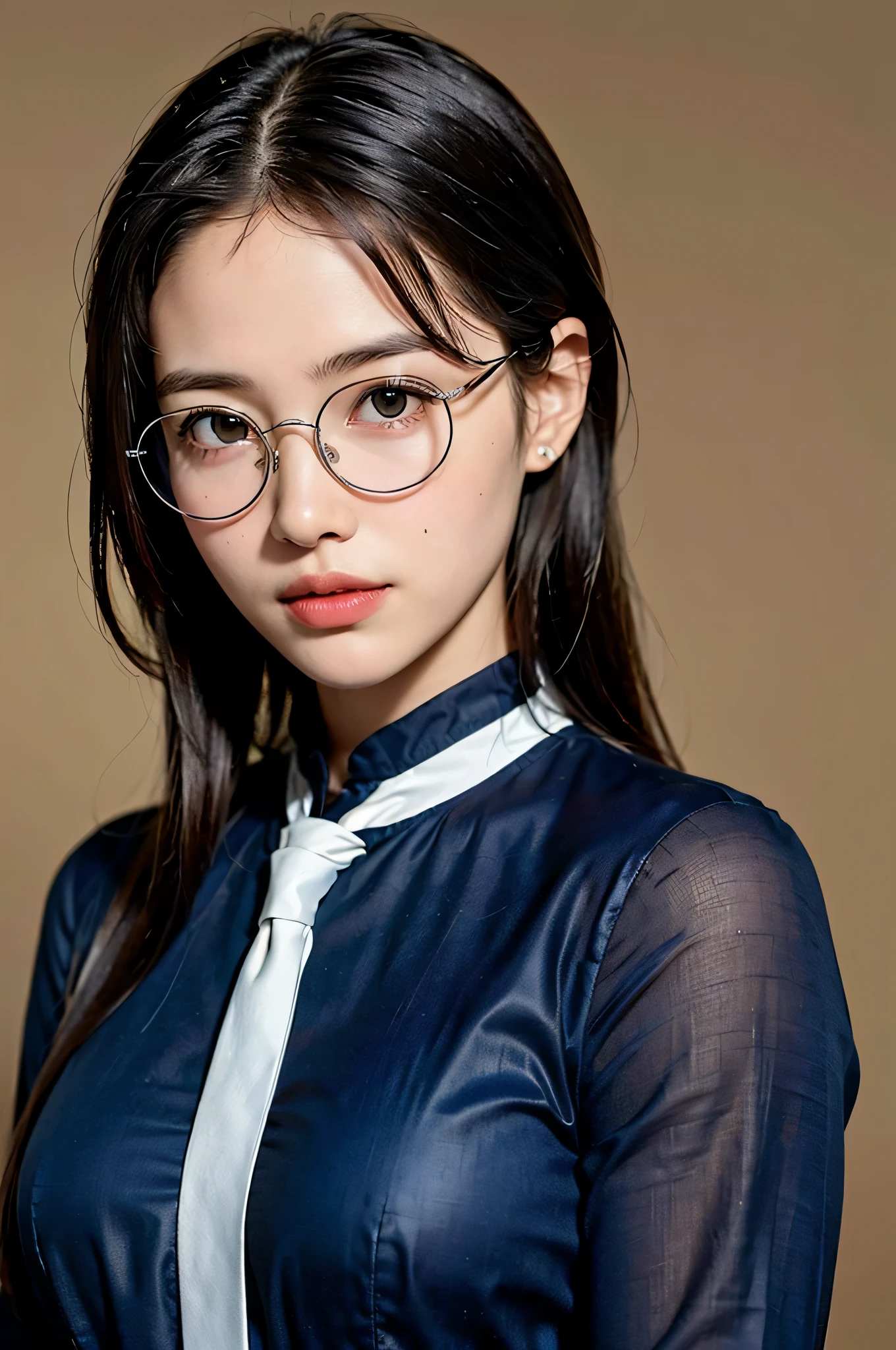 (8k、Raw photo、highest quality、masterpiece:1.2)、(Realistic、Photorealistic:1.37)、Ultra-detailed、超A high resolution、1 girl、Seeing the viewer、Beautifully detailed face、Laughter、narrow、(Narrow waist) :1.3)、((Blue shirt clothes))、Beautifully detailed skin、Skin Texture、Floating Hair、((Tie your hair together))、Professional Lighting、In front of the station at noon、((Silver-rimmed round glasses))、Human whole body、Black Hair、smile、Long Hair,