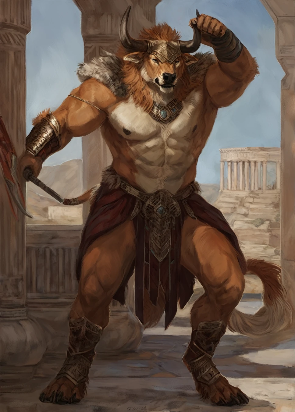 Bull warrior,comic book style, illustration, solo, abs, ferocious, male, [[badass pose]], nipples, masterpiece, best art, full body, plantigrade, by oouna, armor, detailed eyes, detailed fur, claws, detailed tail, masculine body shape, roman, tall, topless, muscular