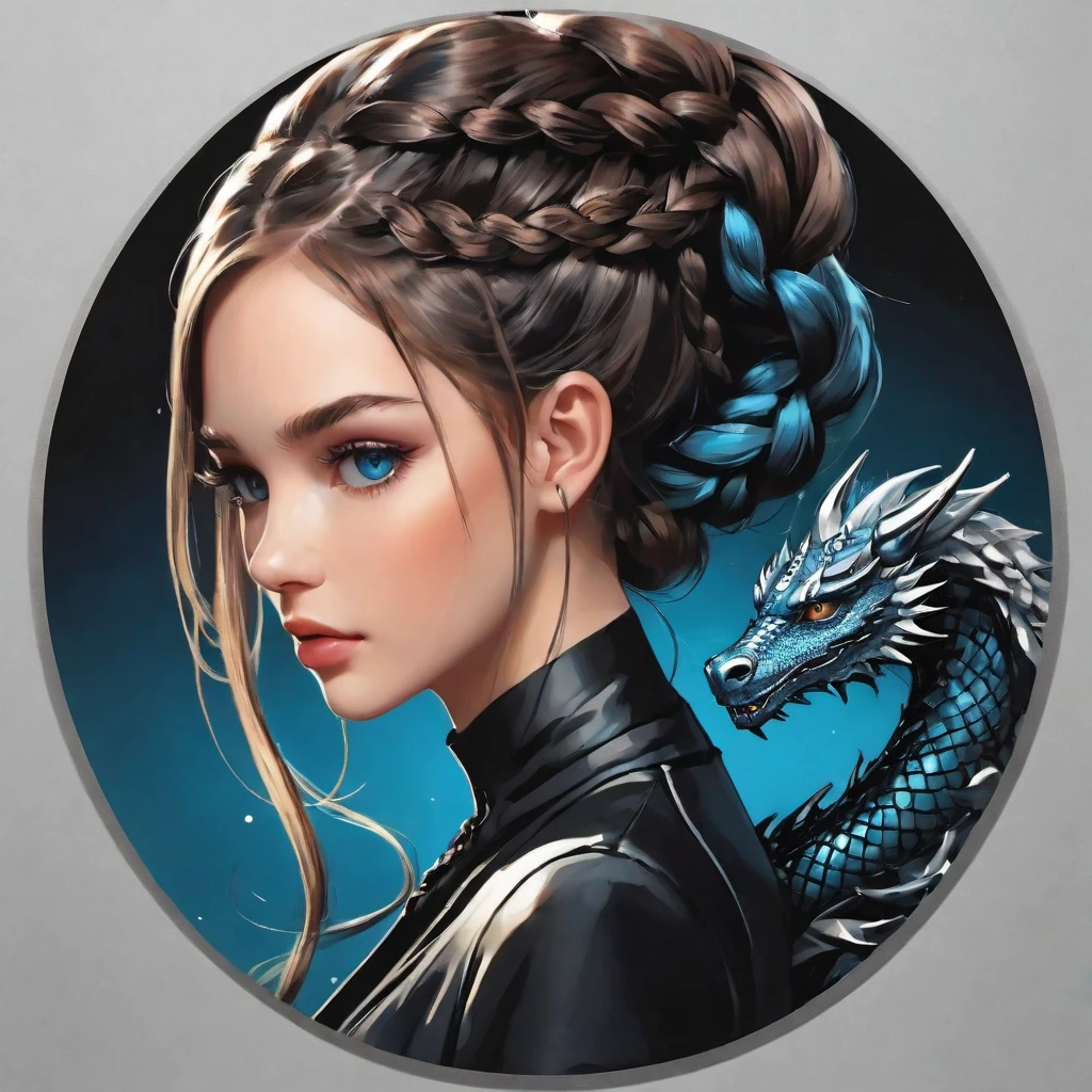 (Una pegatina,),(Girl in a tight-fitting black suit),brown hair with a silver ombre color with a long shiny braided hairstyle,delgado, elegancia, ojos color azul claro , piel blanca,There's also a touch of mystery.(At the bottom of the circle), (a black dragon),, ultra-detallado, Diagrama detallado, vectorizado, 8k, Professional Una pegatina design, graphic design, lineas vectoriales, Una pegatina, Full HD