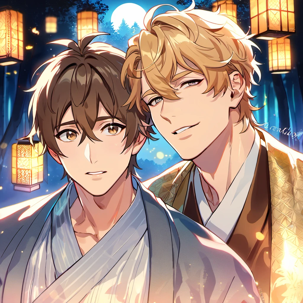 absurdres, highres, ultra detailed, HDR, master piece, best quality, perfect face, beautiful eyes, delicate features, Quincy, blond messy hair, expressive amber eyes, Nu Carnival, Eiden, brown hair, expressive brown eyes, two men together, gay couple, handsome, kimono, haori, patterns, forest, moon, fireflies, shining lights, floating lanterns in the sky