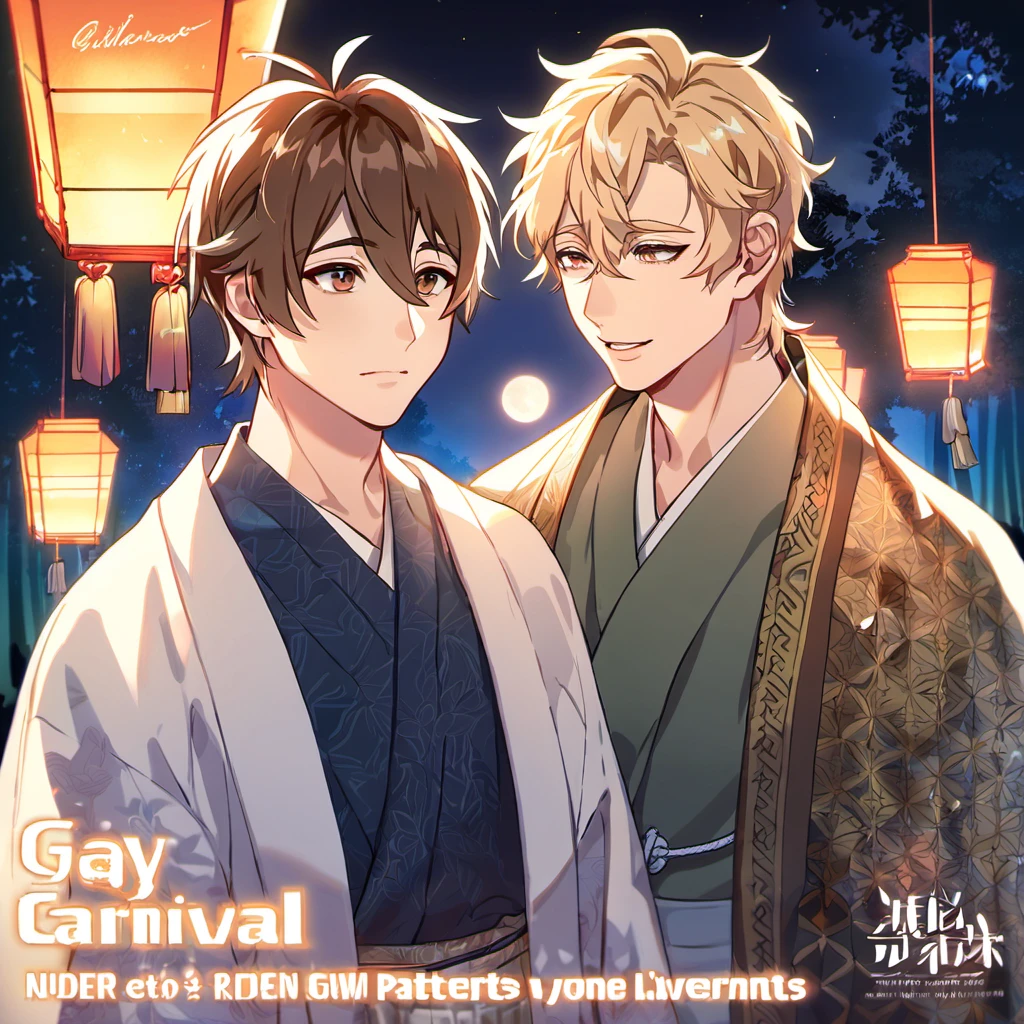absurdres, highres, ultra detailed, HDR, master piece, best quality, perfect face, beautiful eyes, delicate features, Quincy, blond messy hair, expressive amber eyes, Nu Carnival, Eiden, brown hair, expressive brown eyes, two men together, gay couple, handsome, kimono, haori, patterns, forest, moon, fireflies, shining lights, floating lanterns in the sky