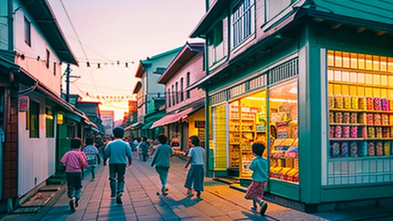 Candy shop、Sunset on 3rd Street、Children playing with a spinning top、Parents and children playing with kites、Children playing with menko、Children shopping at a candy store、Old Japanese tiled house、Scene of children playing、A crowd of children playing in front of a candy store,