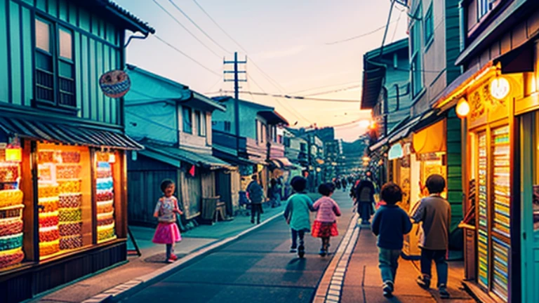 Candy shop、Sunset on 3rd Street、Children playing with a spinning top、Parents and children playing with kites、Children playing with menko、Children shopping at a candy store、Old Japanese tiled house、Scene of children playing、A crowd of children playing in front of a candy store,