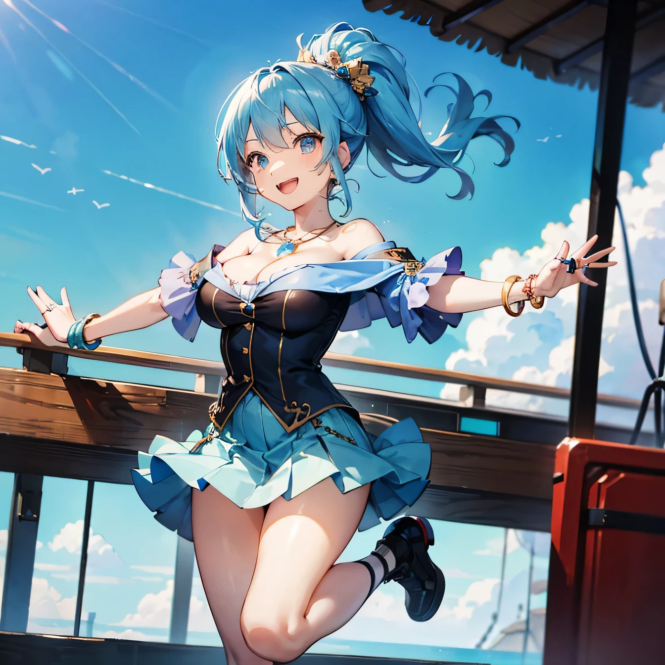 Anime Moe Art Style,highest quality,High resolution,One Girl,Anatomically correct,Mid-teens,A girl with light blue hair in a ponytail,Super detailed,Fantasy-inspired costumes,off shoulder tops,mini skirt,big breast cleavage,Active,Raise both arms and legs high and jump,Bright smile,Laughing with your mouth open,A rich expression,Eyes drawn in detail,necklace,ring,hair ornaments,bracelet,Daytime,blue sky,White cloud,on a sailboat,8K