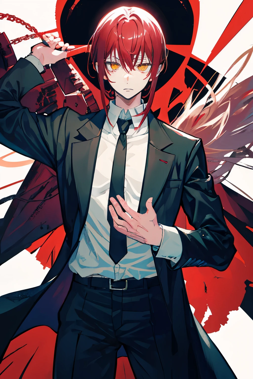 man anime character with bloody face and tie, yellow eyes and red hair, on a dark background, detective clothes, psycho pass, manga art style Kentaro Miura, inspired by Sadamichi Hirasawa, kentaro miura style art, kentaro miura art, Tsutomu Style Nihei, he is wearing a trench coat, illustration by shigenori soejima