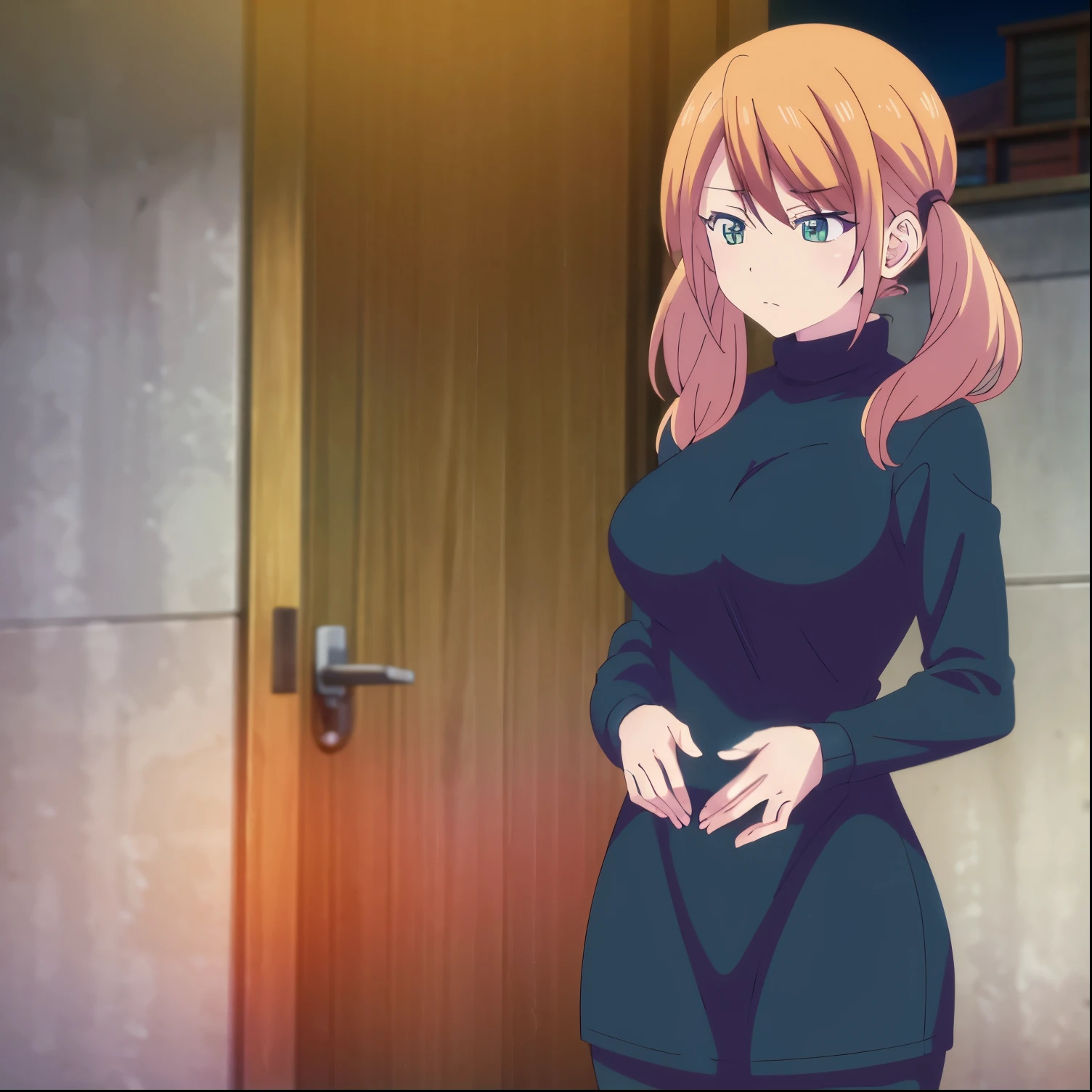 1girl,alone,tsukishima riho,masterpiece, best quality, high resolution, 1 girl, alone, blonde hair, two low pigtails, green eyes, sweater dress, turtleneck, long sleeves, standing, cowboy photo, street, night, big breasts, medium waist, wide hips, medium thighs, perfect anatomy, perfect hands