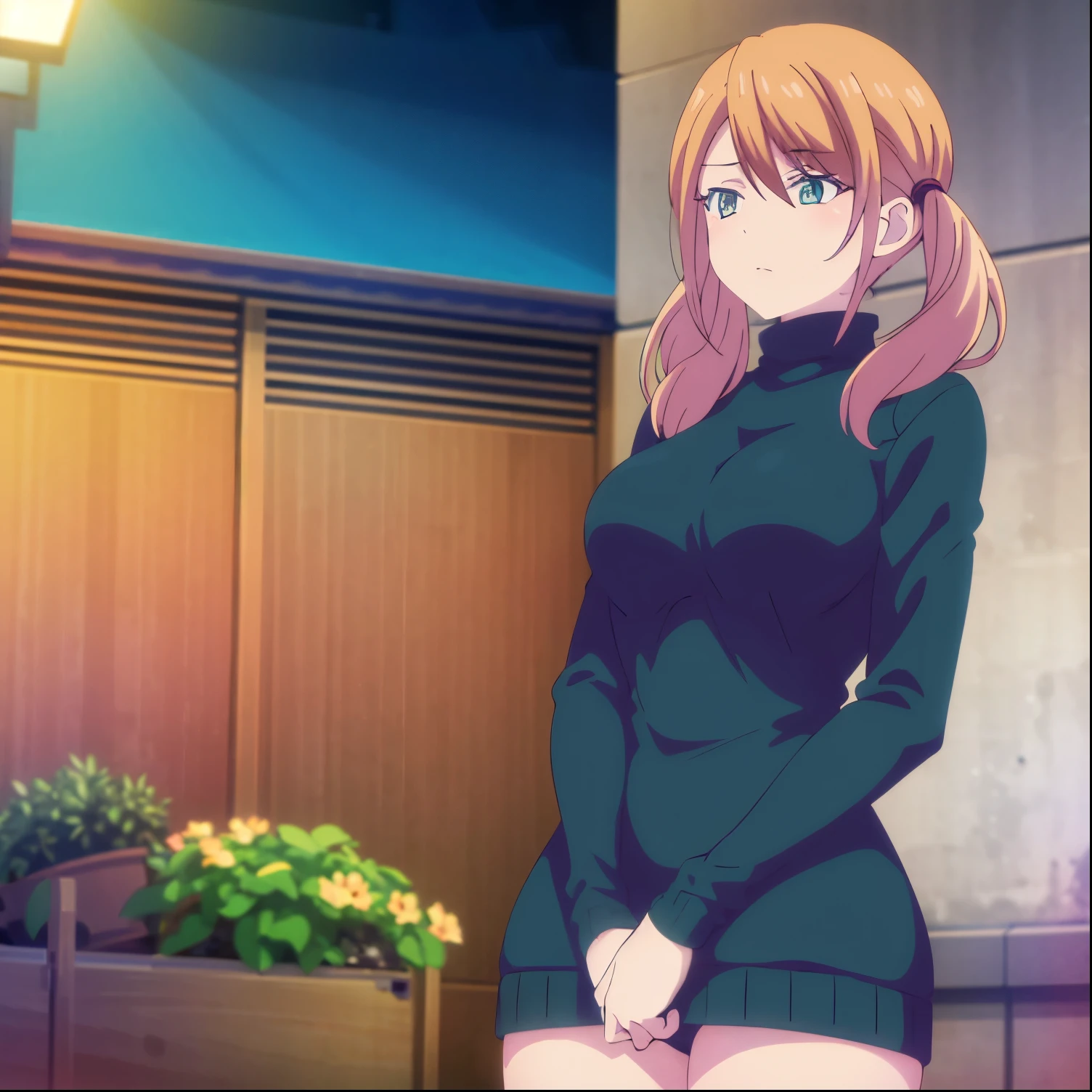 1girl,alone,tsukishima riho,masterpiece, best quality, high resolution, 1 girl, alone, blonde hair, two low pigtails, green eyes, sweater dress, turtleneck, long sleeves, standing, cowboy photo, street, night, big breasts, medium waist, wide hips, medium thighs, perfect anatomy, perfect hands