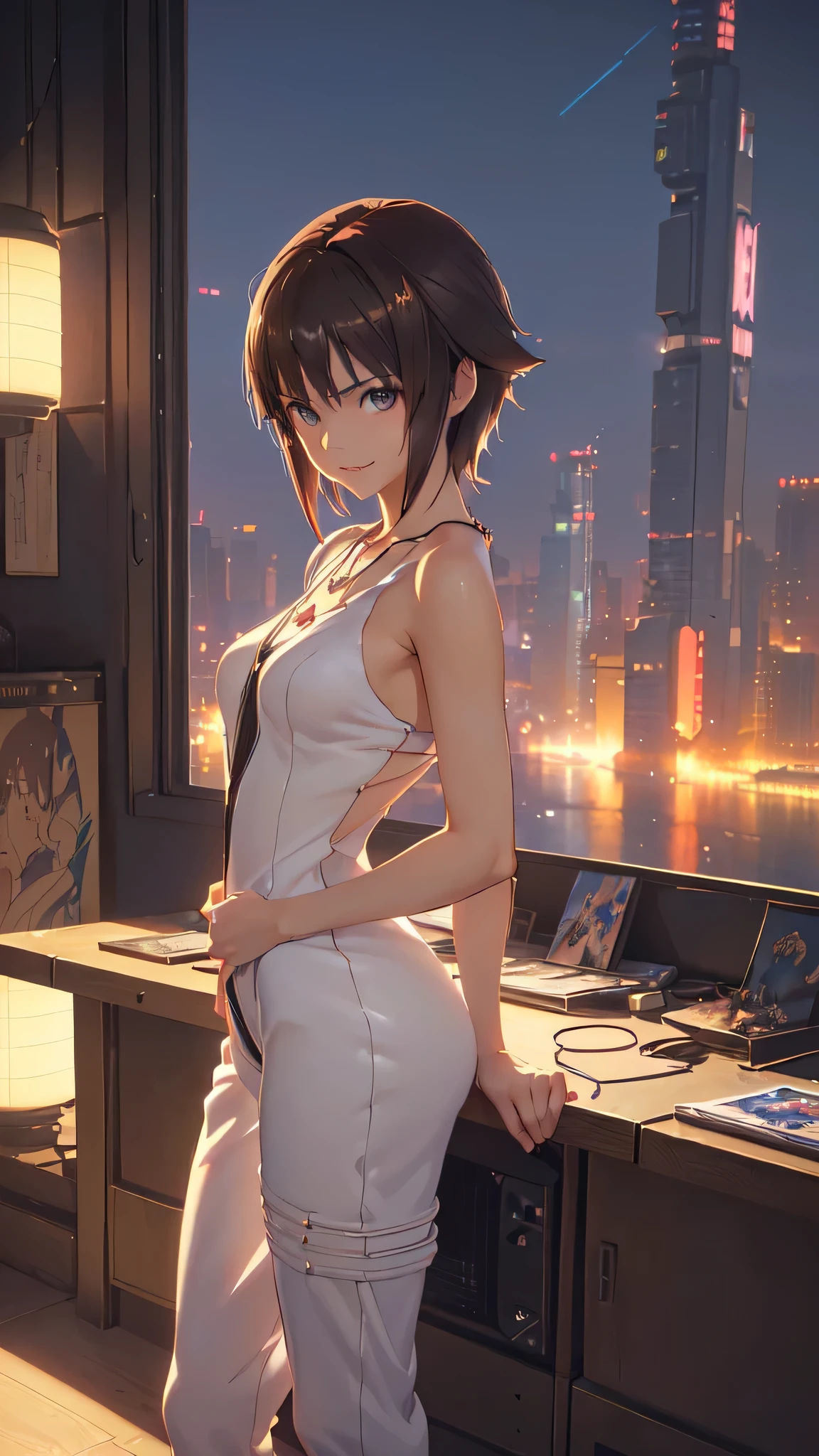 ((Final Fantasy (Yuna), (young girl, , full body, naked body, dark hair, light skin, scarlet lips, smile; black, expressive playful eyes, long eyelashes)). ((Anime girl with brown hair hair and white dress with necklace, beautiful character painting, soft anime computer graphics, realistic anime art, beautiful anime woman, Cyberpunk, futurism, tight jumpsuit, anime girl rendering, Makoto Shinkai and Artgerm, realistic 3D anime style, anime realism style, digital art in anime style, beautiful anime girl)), (style, very beautiful young girl)). ((High quality, masterpiece)).very sexy, 75 % nsfw, 60% nude