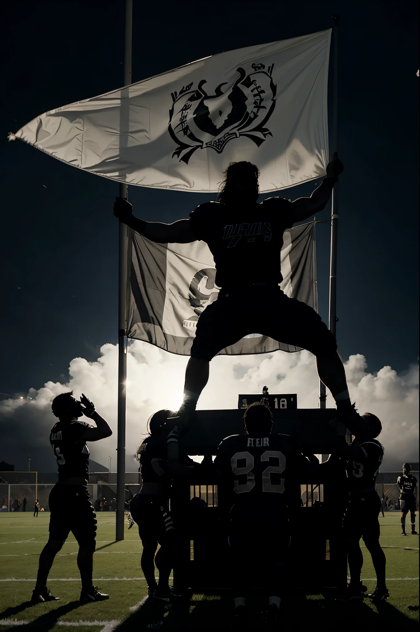 Lobo furioso, raising football team flag with black background with silhouette of people doing bar