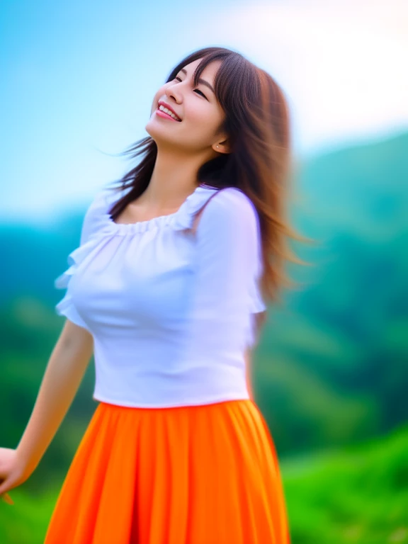 Japanese　Beautiful woman　smile　Beauty　Large Breasts　　Gazing into the distance　Full body photography　Beautiful face　　Standing looking up at the sky　Long Hair　　Orange ruffle skirt　White blouse