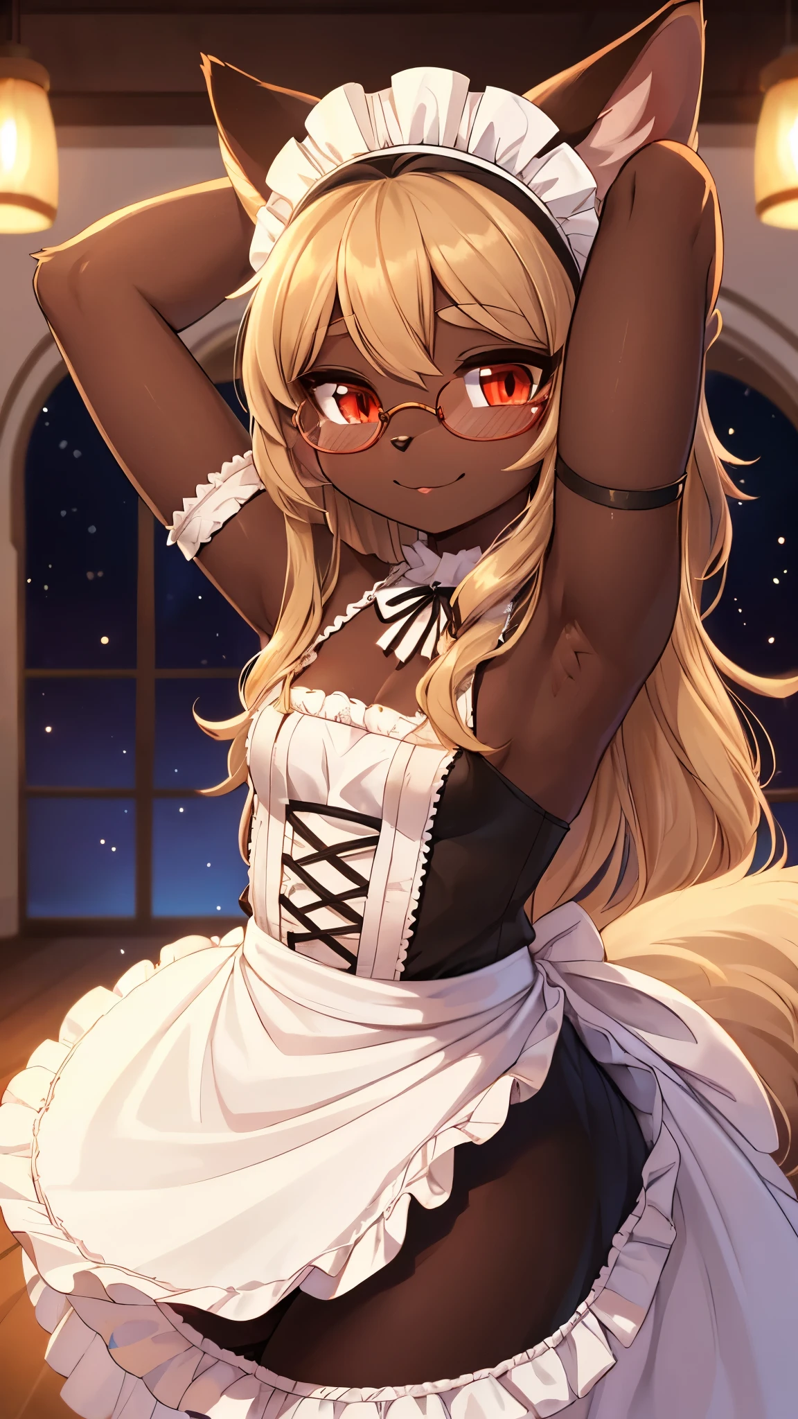 best quality,best resolution,(fluffy anthro furry :1.6),(young :1.8),(dark brown skin :1.6),cat girl,small breasts,gold hair,long hair,wavy hair,curvy hair,red eyes,glistering eyes,sparkle eyes,huge circle glasses,maid outfit,maid headdress,maid gloves,ruffles,beautiful cafe,white light,looking at viewer,full face blush,desire face,smile,close eyes,heart eyes,heart expression eyes,armpits,shiny armpits,very close eyes