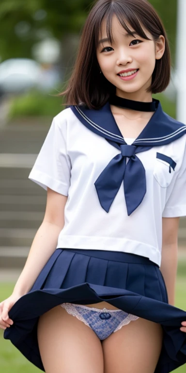 Neat 、(school uniform、Sailor suit、Ribbon knot at chest、Summer clothes、The upper body is white、The skirt is dark blue)、Off-field、(Slime-ified)、Photorealistic、detailed, Skin Texture, 超detailedな、Delicate and sexy collarbone、Laughter、非常にdetailedな顔、detailedな唇、detailedな目、Small breasts、Smaller chest、mall、Flat Chest、Emphasize the chest、Bright Face、((standing、 uniform、White lace panties visible from under her skirt、Sheer white shirt、Navy blue ribbon on collar、Dark blue pleated micro mini、Slightly lift the hem of the skirt with both hands,,,,))