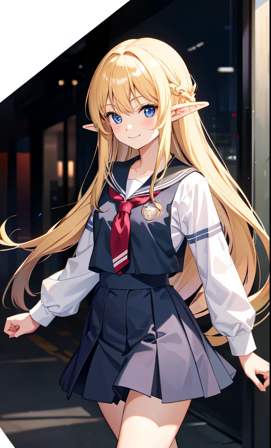 girl、smile、Elf、As Adult、high school student、uniform、Serafuku、(Small breasts)、