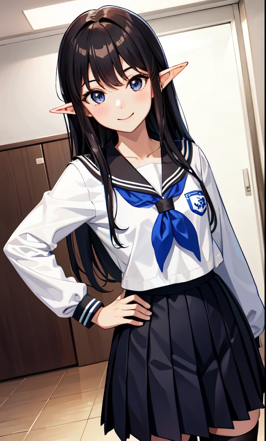girl、smile、Elf、As Adult、high school student、uniform、Serafuku、(Small breasts)、