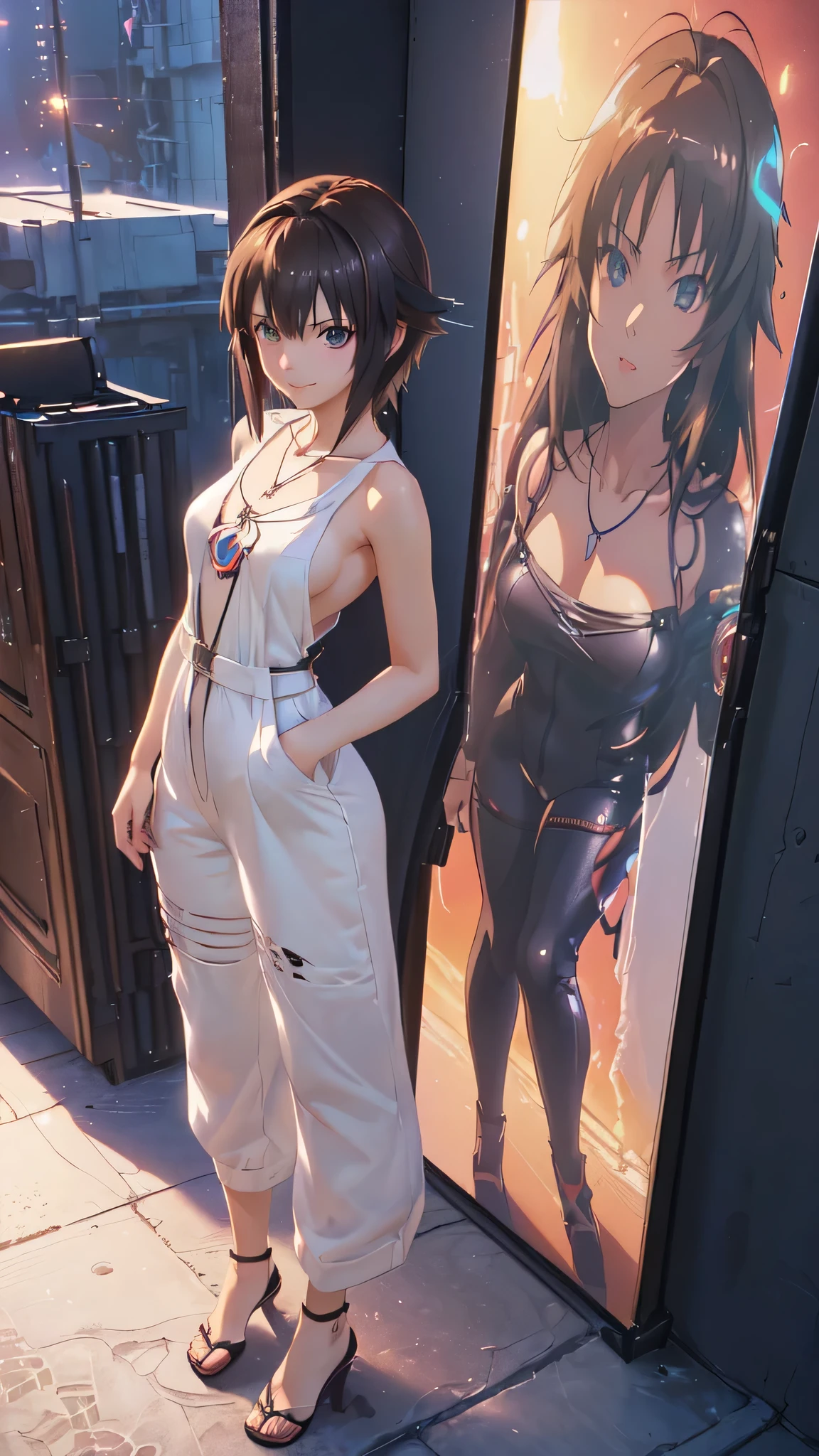 ((Final Fantasy (Yuna), (young girl, , full body, naked body, dark hair, light skin, scarlet lips, smile; black, expressive playful eyes, long eyelashes)). ((Anime girl with brown hair hair and white dress with necklace, beautiful character painting, soft anime computer graphics, realistic anime art, beautiful anime woman, Cyberpunk, futurism, tight jumpsuit, anime girl rendering, Makoto Shinkai and Artgerm, realistic 3D anime style, anime realism style, digital art in anime style, beautiful anime girl)), (style, very beautiful young girl)). ((High quality, masterpiece)).very sexy, 75 % nsfw, 60% nude
