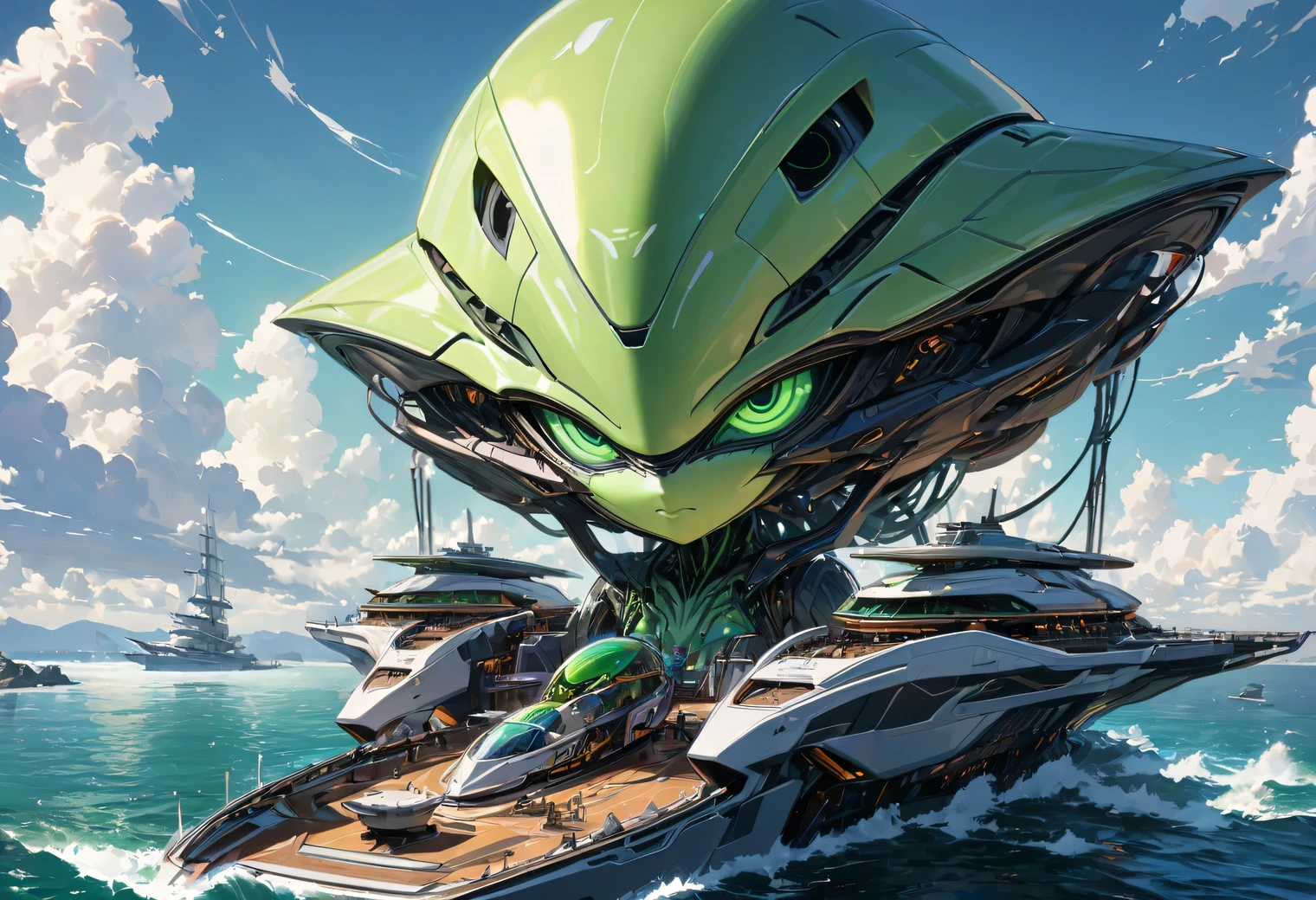 High-tech fantastic Floating a very complex ship from the future on the dark undulating waters of an unknown sea, a high-tech fantastic complex ship is shown in detail, sailing on the sea, fantastic and beautiful view around, white clouds, (green sun):1.3, an alien alien stands on the fantastic deck of the ship and looks at the viewer, high quality, high resolution, masterwork, masterpiece, clear, 32k, cartoon style, pixar
